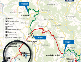 Donauberglandweg Route auf einer Landkarte eingezeichnet mit Lupe(im Fokus liegt das Ziel). 